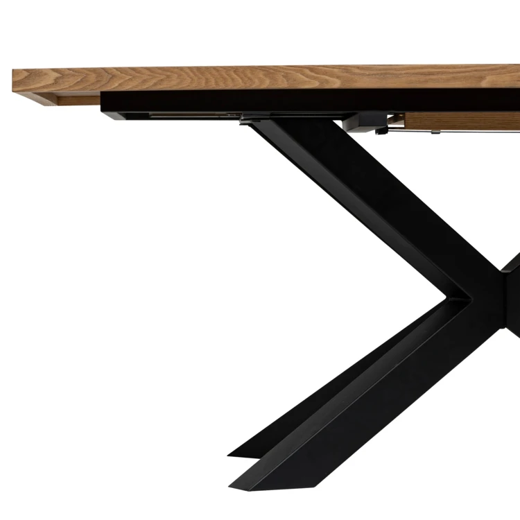 Mesa de comedor extensible con aspecto de madera y base en cruz