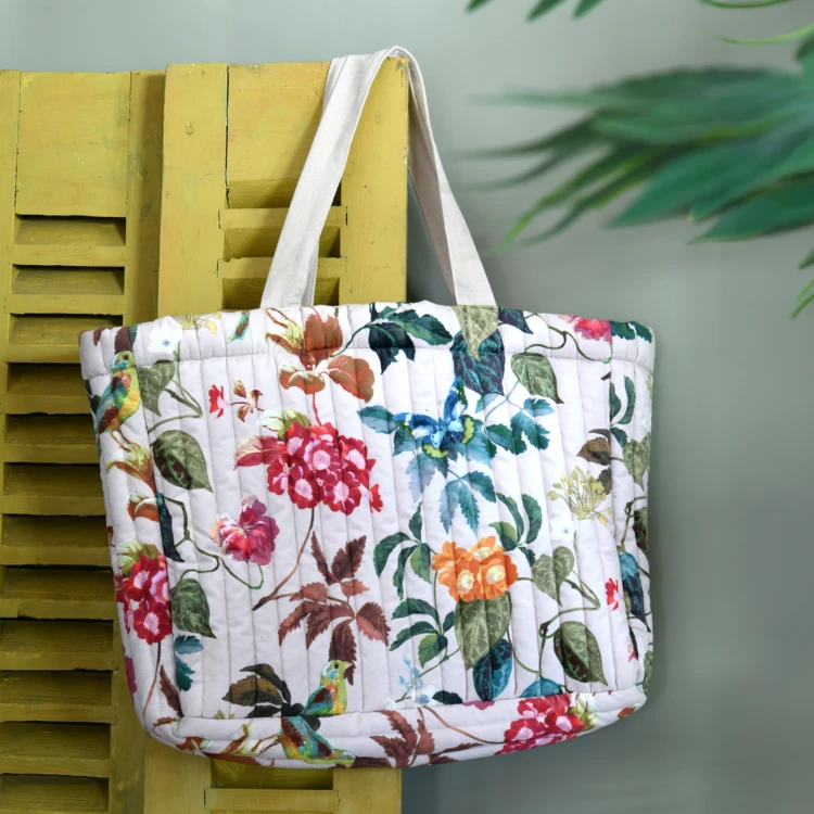 Sac cabas imprimé feuillage avec oiseau stylisé