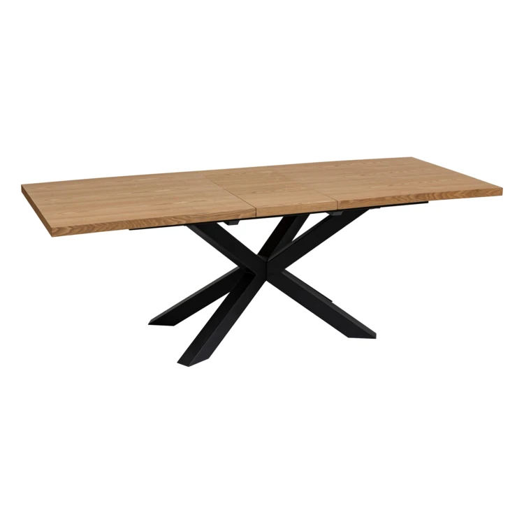 Mesa de comedor extensible con aspecto de madera y base en cruz