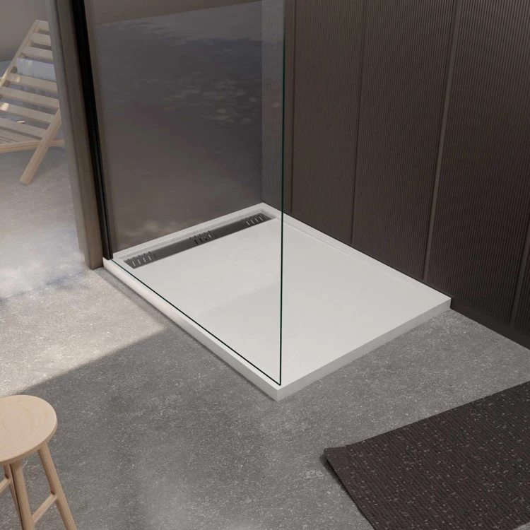 Receveur de douche extra-plat en résine effet pierre  grille linéaire chrome