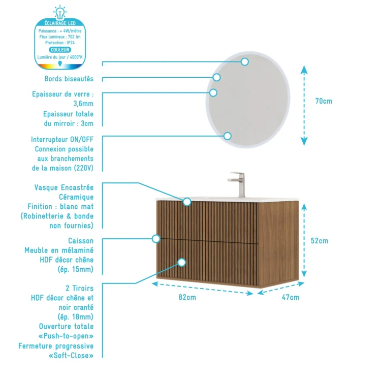 Meuble de salle de bain suspendu avec façade crantée, vasque(s) et miroir(s) LED