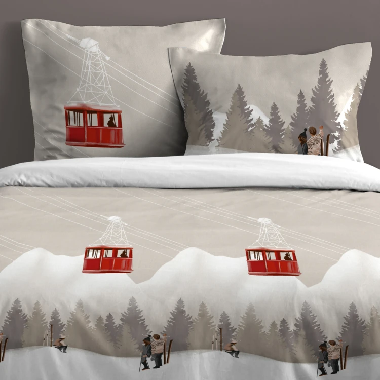 Parure de lit 3 pièces imprimée motif télécabines housse + taies