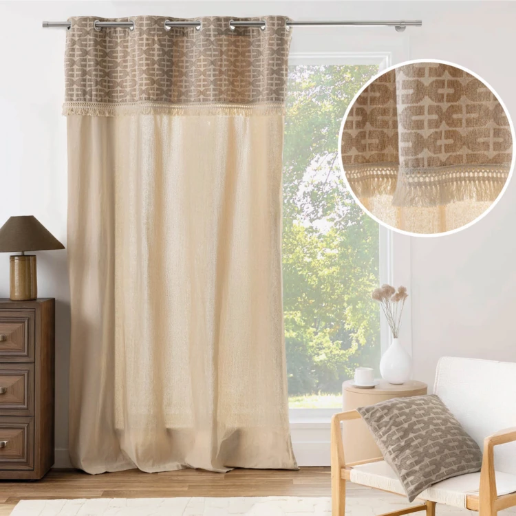 Rideau tamisant à œillets en polycoton avec jacquard et franges