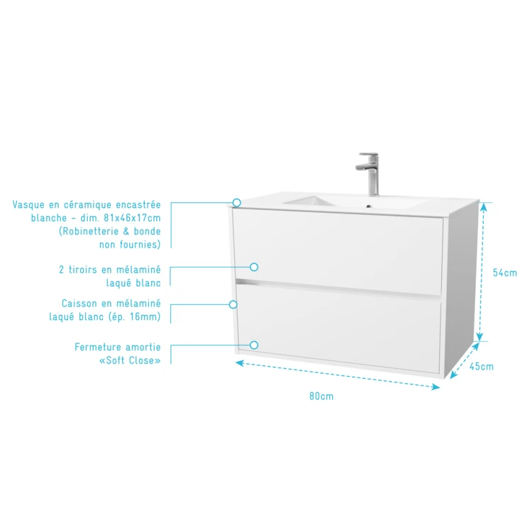 Meuble de salle de bains suspendu 2 tiroirs avec vasque