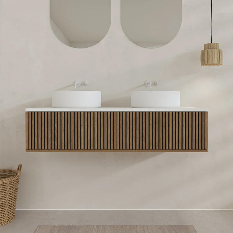 Meuble de salle de bain suspendu avec façade crantée, plan de toilette et vasque(s) à poser