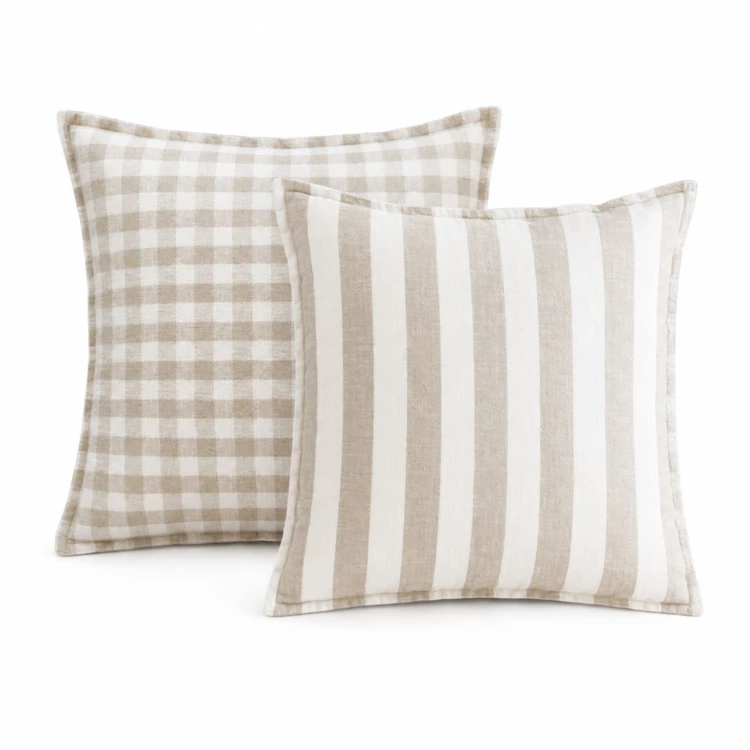 Housse de coussin recto-verso 100% coton rayures et vichy LOURMARIN