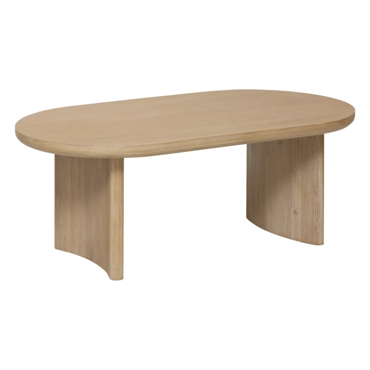 Mesa de centro de aspecto madera con tapa ovalada