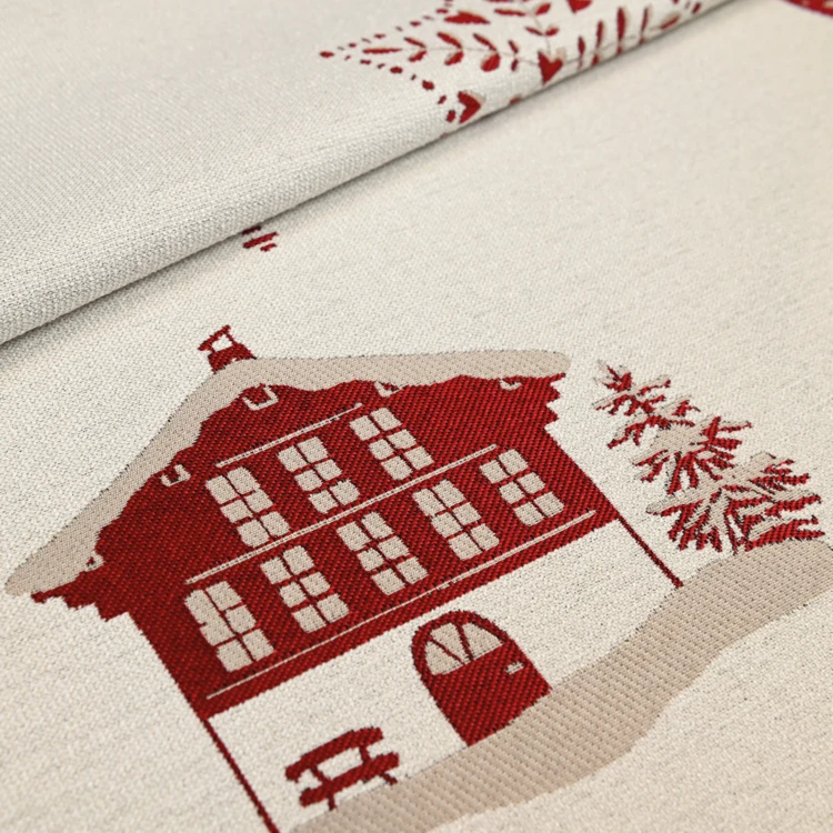 Tissu jacquard d’ameublement avec motifs chalets et cœurs