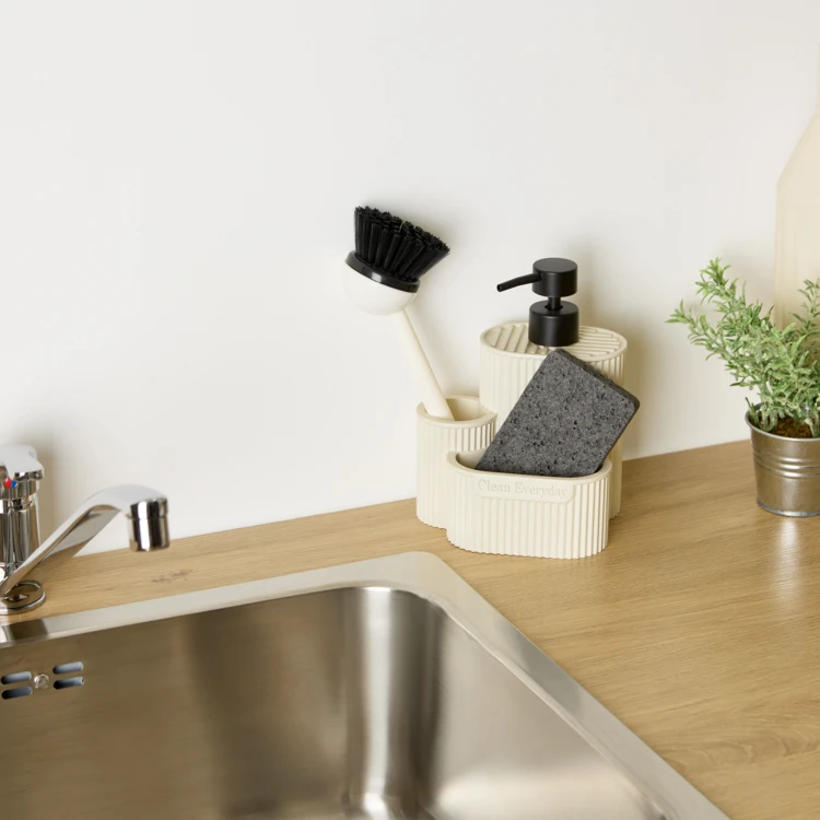 Distributeur de savon avec éponge et brosse à vaisselle