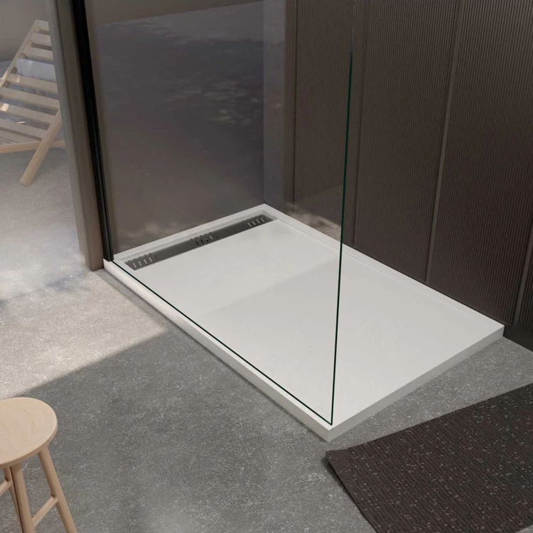 Receveur de douche extra-plat en résine effet pierre  grille linéaire chrome