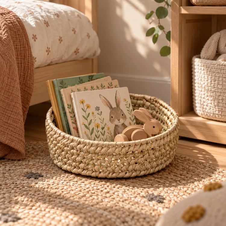 Panier rond ajouré en feuille de palmier tressé