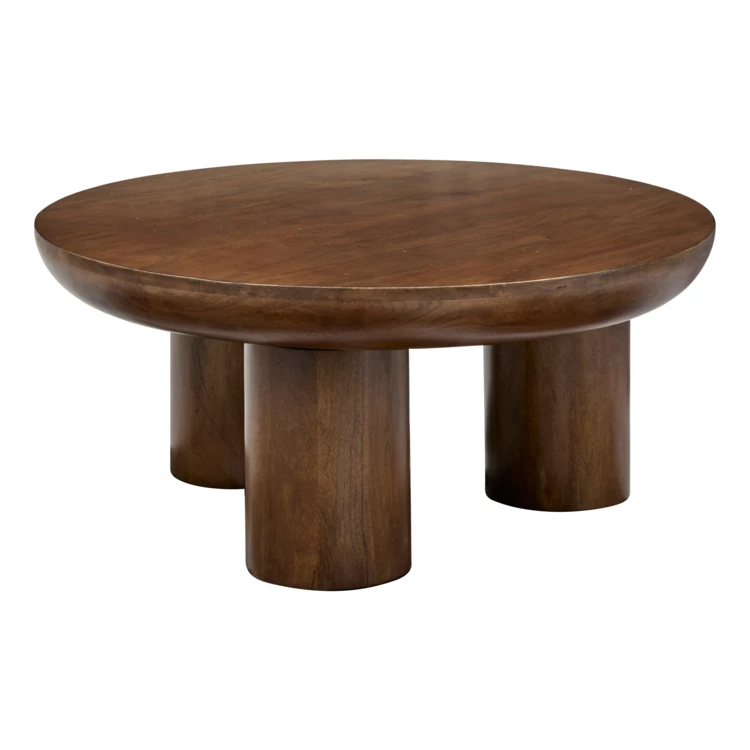 Mesa de centro redonda de madera maciza con patas cilíndricas