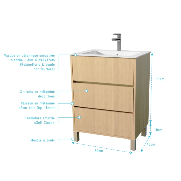 Meuble de salle de bains sur pieds avec 3 tiroirs et vasque en céramique