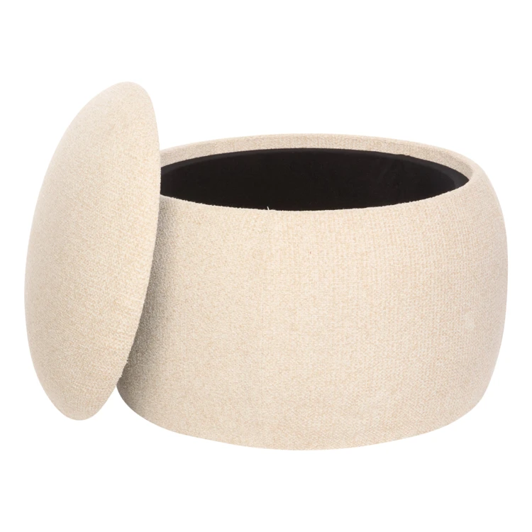 Runder Sitzhocker mit Stauraum aus Holz mit Bouclé-Bezug