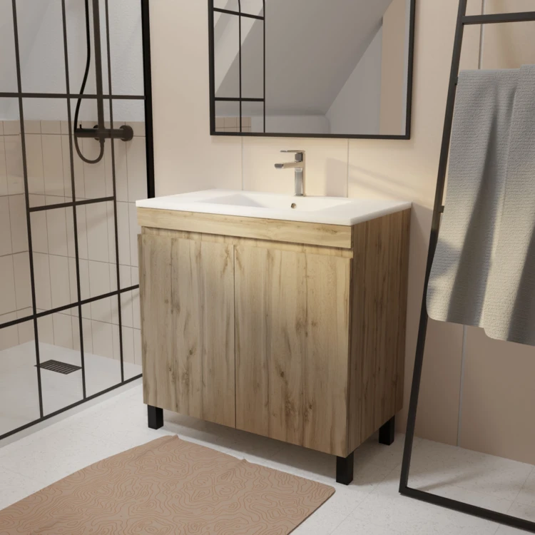 Meuble de salle de bains sur pieds 2 portes avec vasque en céramique