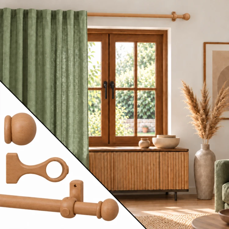 Kit tringle à rideaux en bois embouts anglais D20 mm