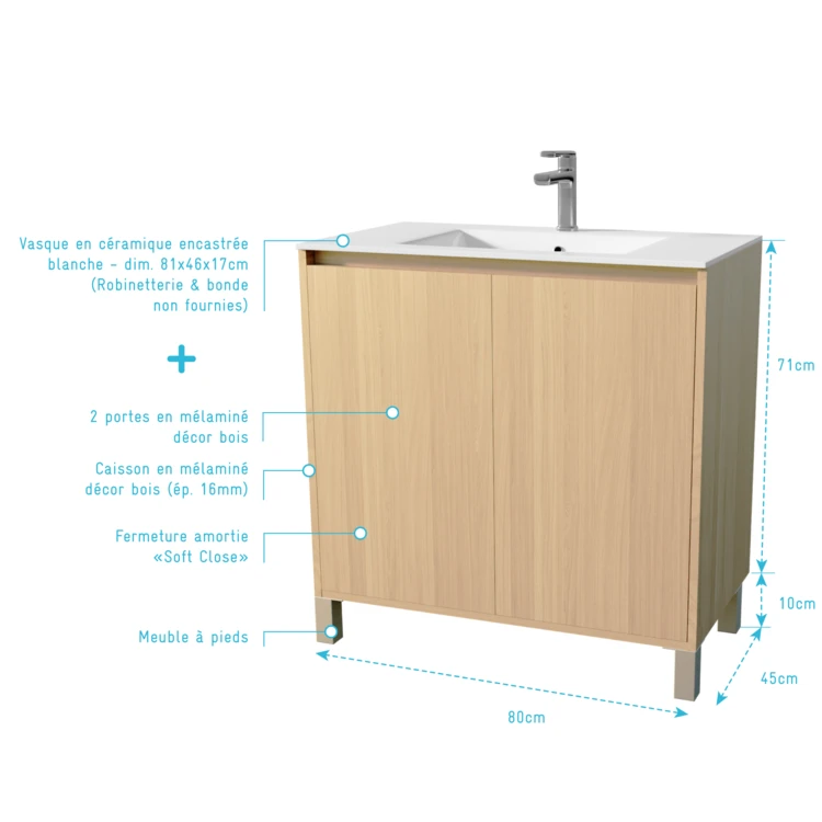 Meuble de salle de bains sur pieds avec 2 portes et vasque