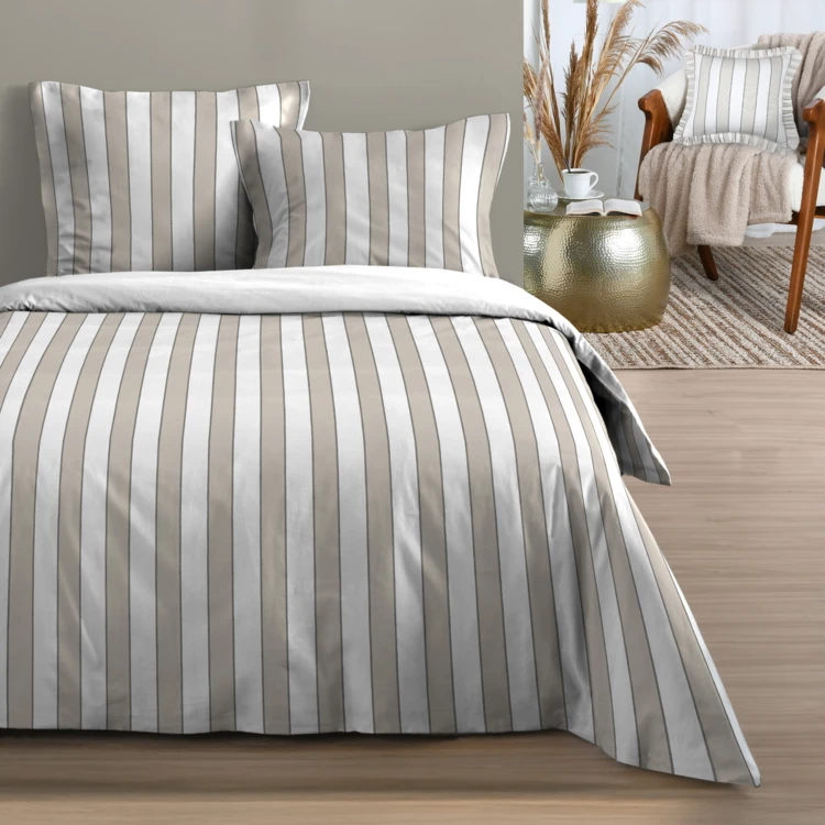 Parure de lit 3 pièces en coton imprimé rayures housse + taies