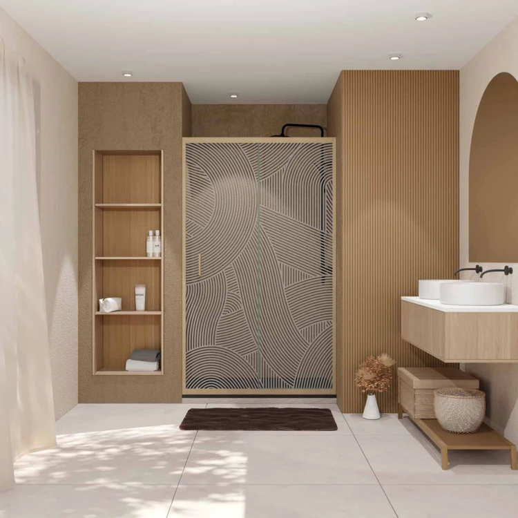 Porte de douche coulissante décor bois verre sérigraphié motif arrondi