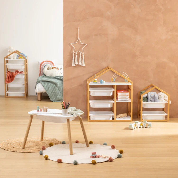 Estantería infantil con forma de casa y 3 cajas de almacenamiento