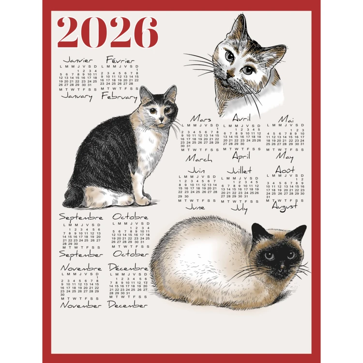 Torchon calendrier 2026 motif chats coton