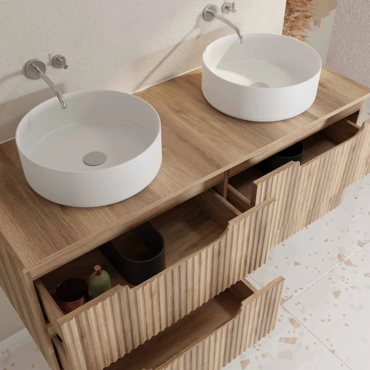 Meuble de salle de bain double vasque ronde avec façade ondulée et rangements intégrés