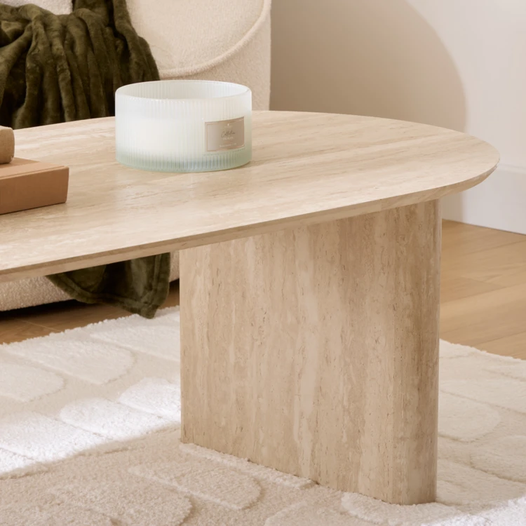 Mesa de centro ovalada con efecto travertino