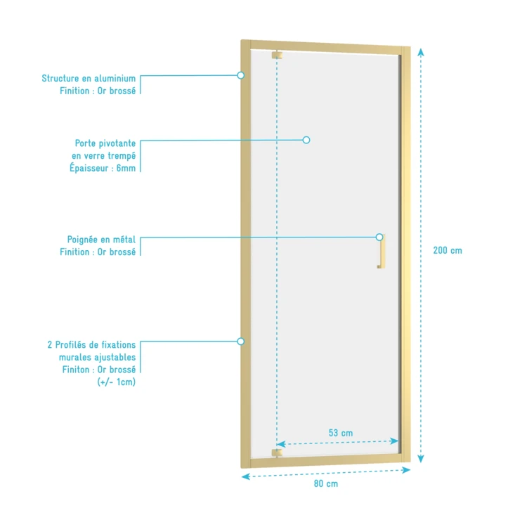 Porte de douche pivotante en or brossé