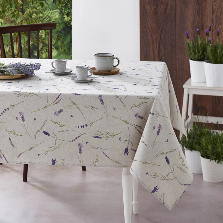 Nappe rectangulaire en coton enduit anti-tache motif lavande