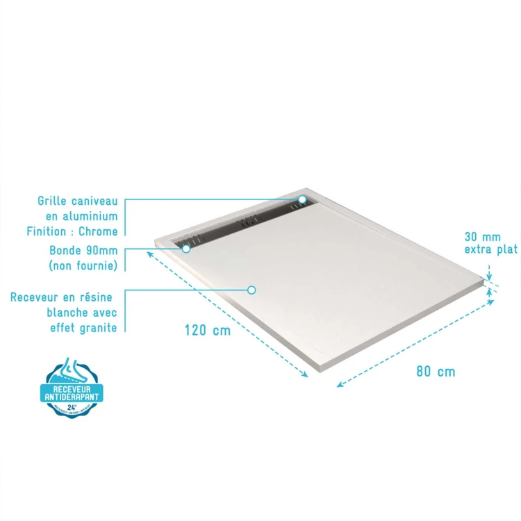 Receveur de douche extra-plat en résine effet pierre  grille linéaire chrome