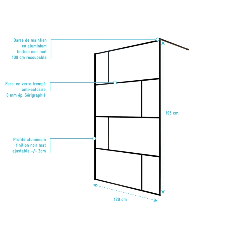 Paroi de douche à l’italienne en verre trempé 8 mm géométriques