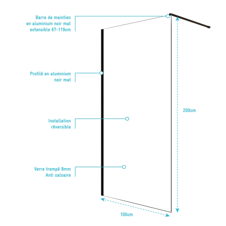 Paroi de douche à l’italienne en verre trempé 8 mm anticalcaire