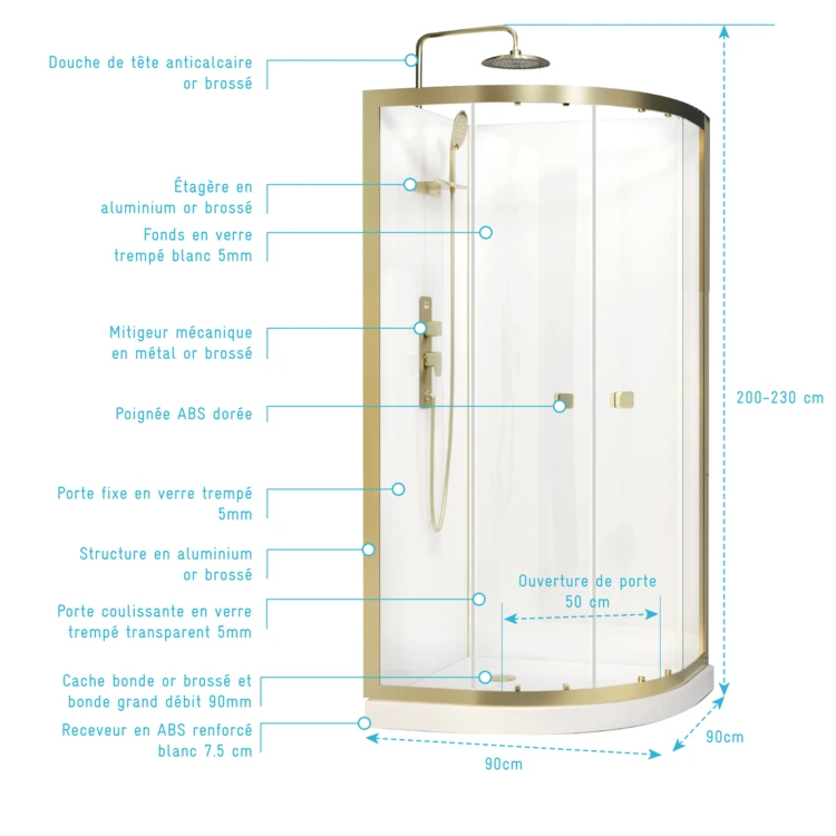 Cabine de douche design doré en aluminium