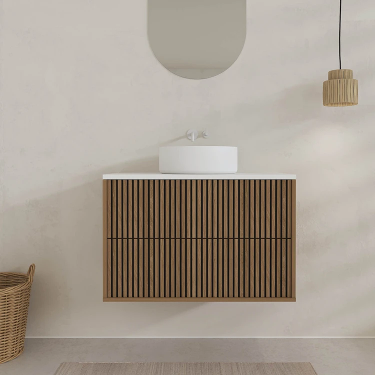 Meuble de salle de bain suspendu avec façade crantée, plan de toilette et vasque(s) à poser