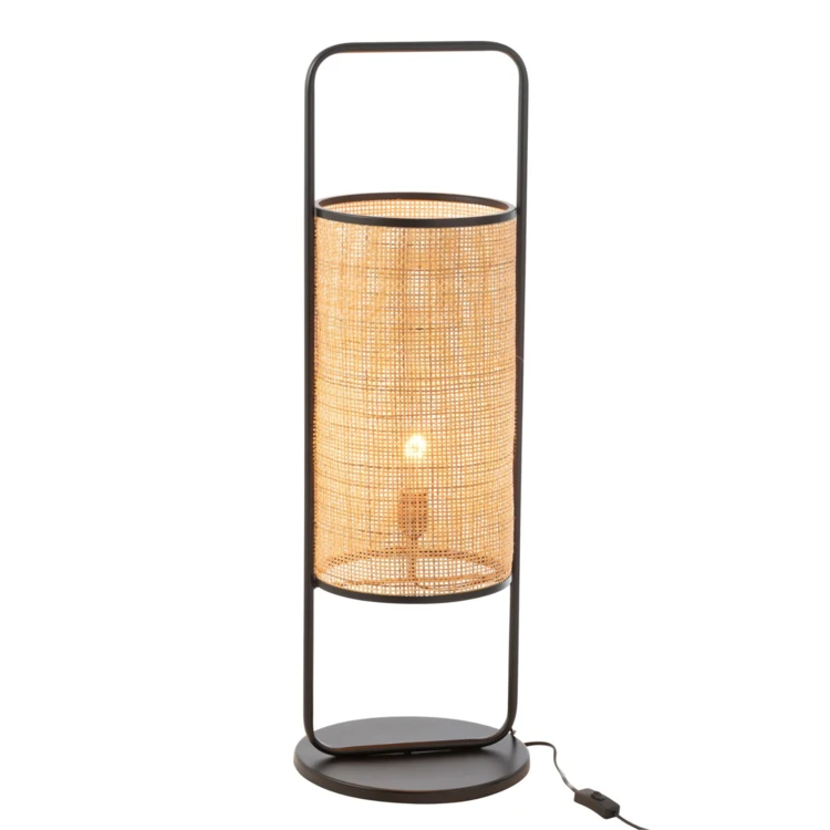 Lampe sur pied en métal et rotin