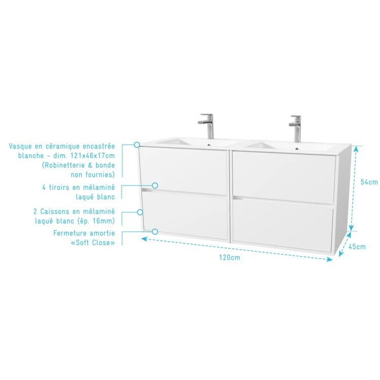 Meuble de salle de bains suspendu double vasque avec 4 tiroirs