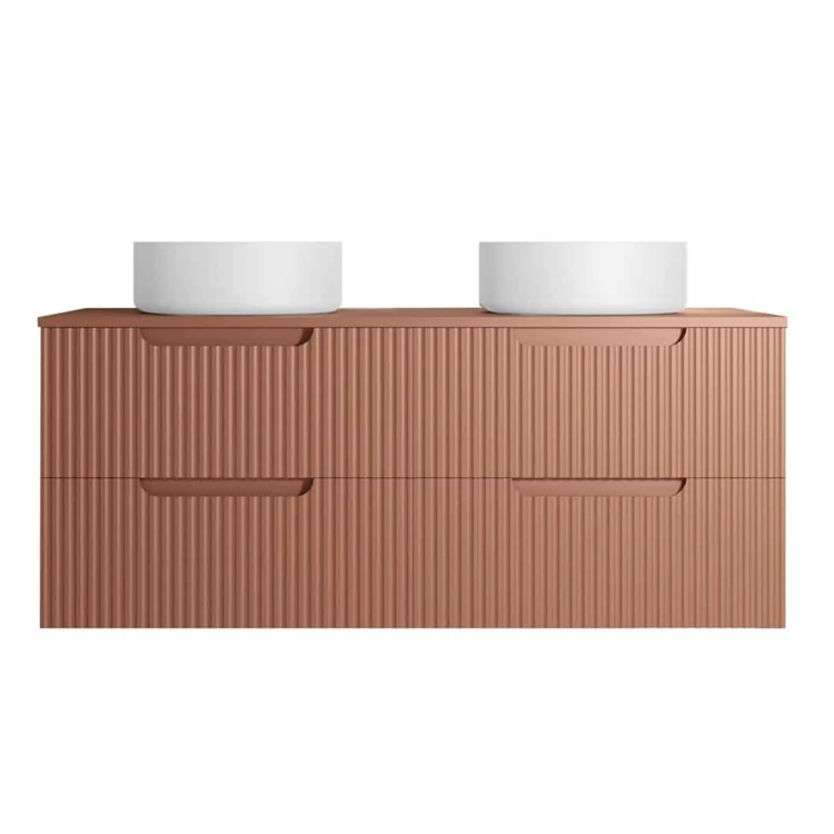 Meuble de salle de bain double vasque ronde avec façade ondulée et rangements intégrés