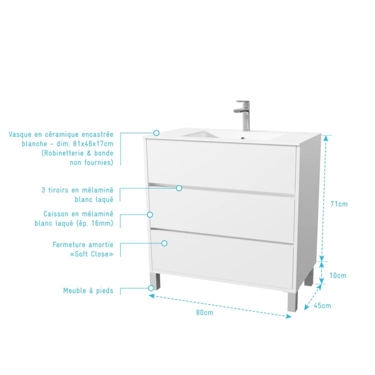 Meuble de salle de bains sur pieds avec 3 tiroirs et vasque en céramique