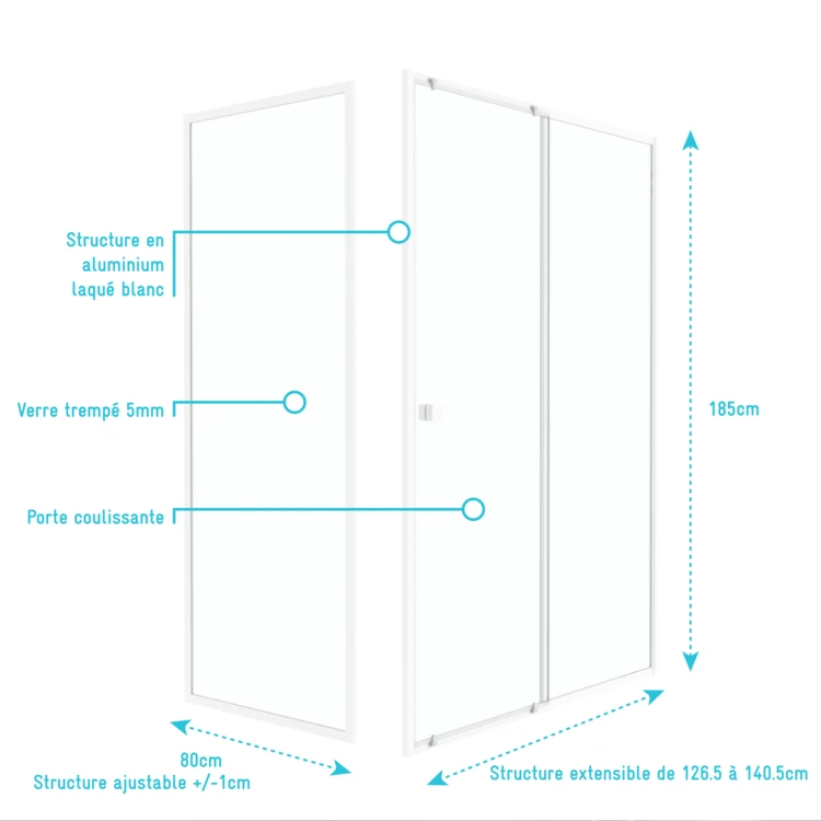 Porte de douche coulissante en verre trempé avec paroi de retour