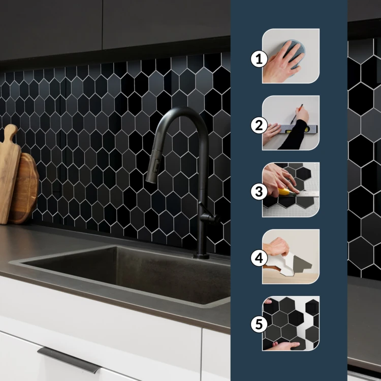 Crédence adhésive murale 3D effet carrelage hexagonal 4 pièces