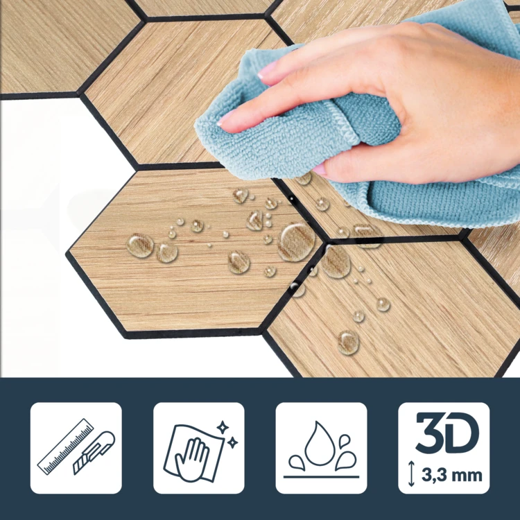 Crédence adhésive murale 3D effet carrelage hexagonal 4 pièces