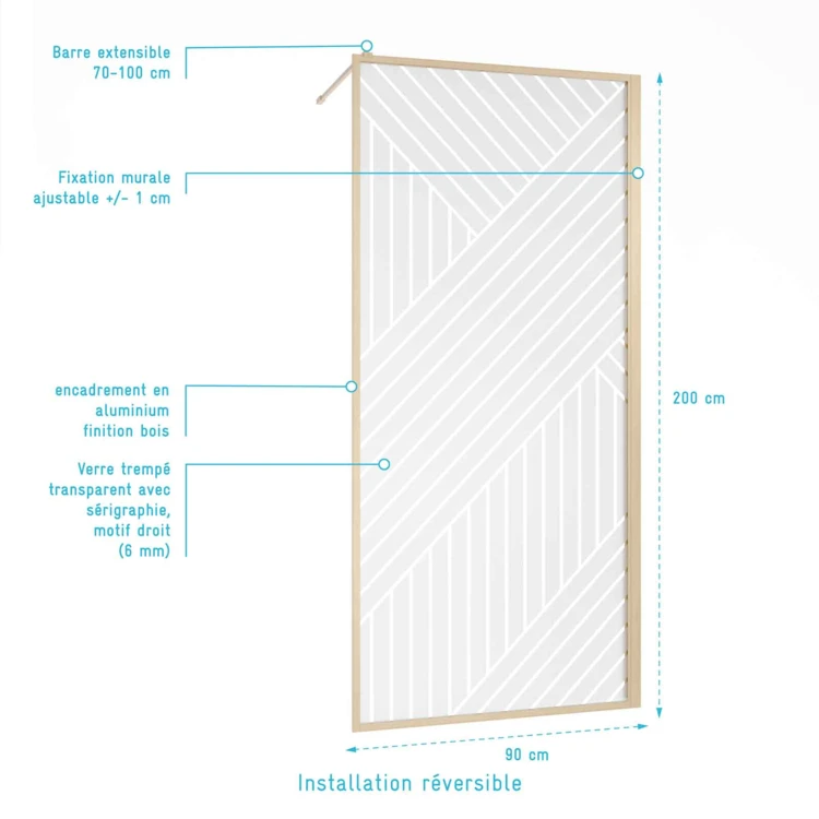 Paroi de douche en verre sérigraphié style Japandi motif géométrique