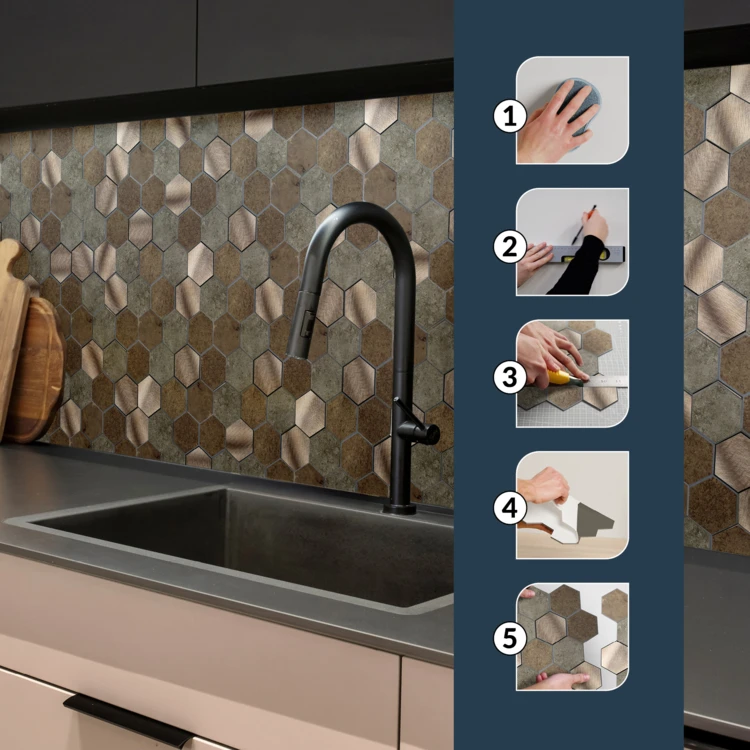 Crédence adhésive murale 3D effet carrelage hexagonal 4 pièces
