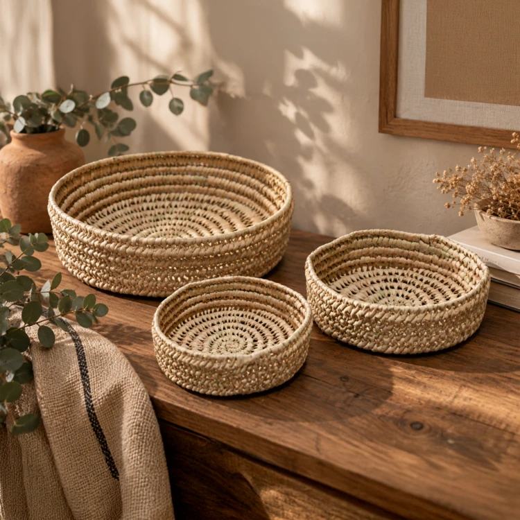 Panier rond ajouré en feuille de palmier tressé