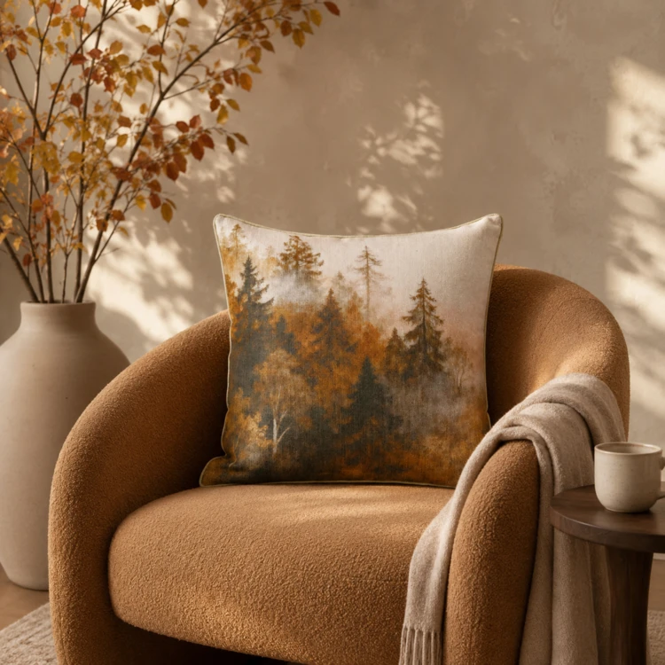 Coussin réversible imprimé aquarelle forêt