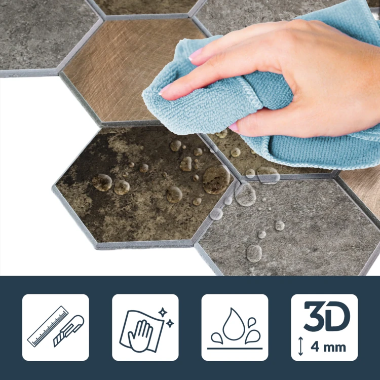 Crédence adhésive murale 3D effet carrelage hexagonal 4 pièces