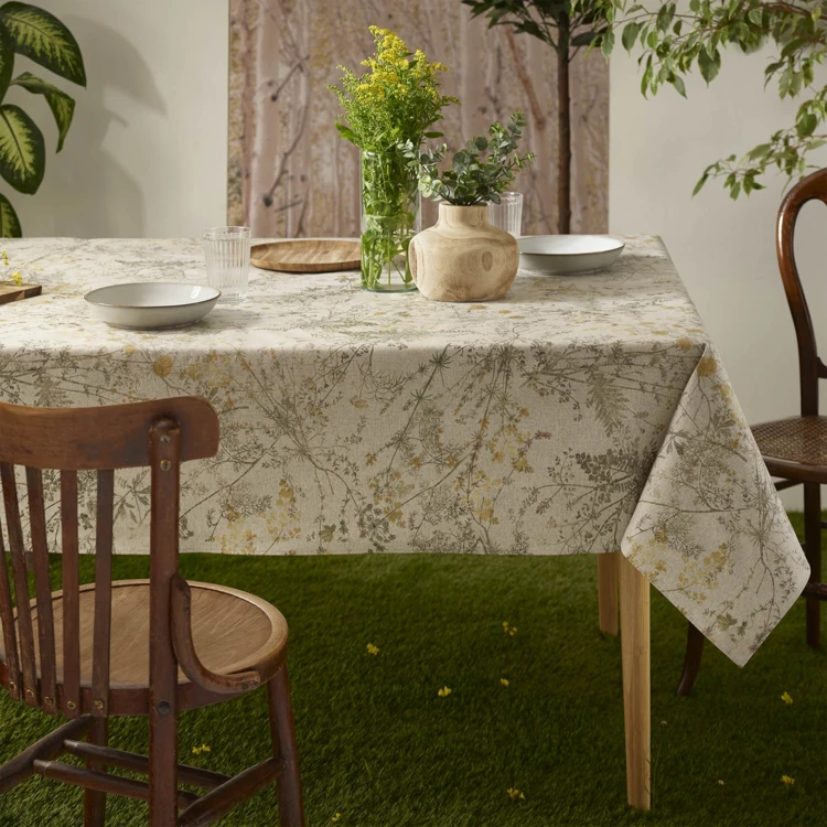 Nappe rectangulaire en polycoton enduit anti-tache motif herbes