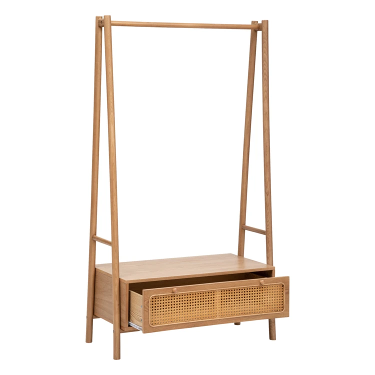 Flurkommode aus Holz mit Kleiderstange und Schublade mit Rattanverkleidung