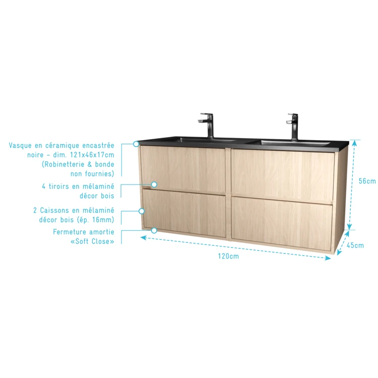 Meuble de salle de bains suspendu double vasque avec 4 tiroirs