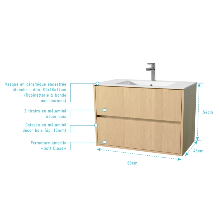 Meuble de salle de bains suspendu 2 tiroirs avec vasque
